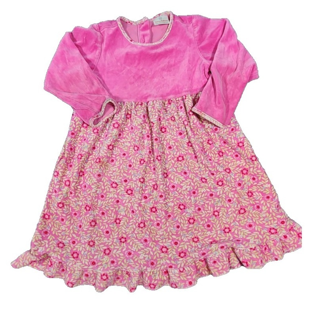 Hanna Andersson Girls Pink Velour Floral Long Sleeve Ruffle Dress Size 100 4T